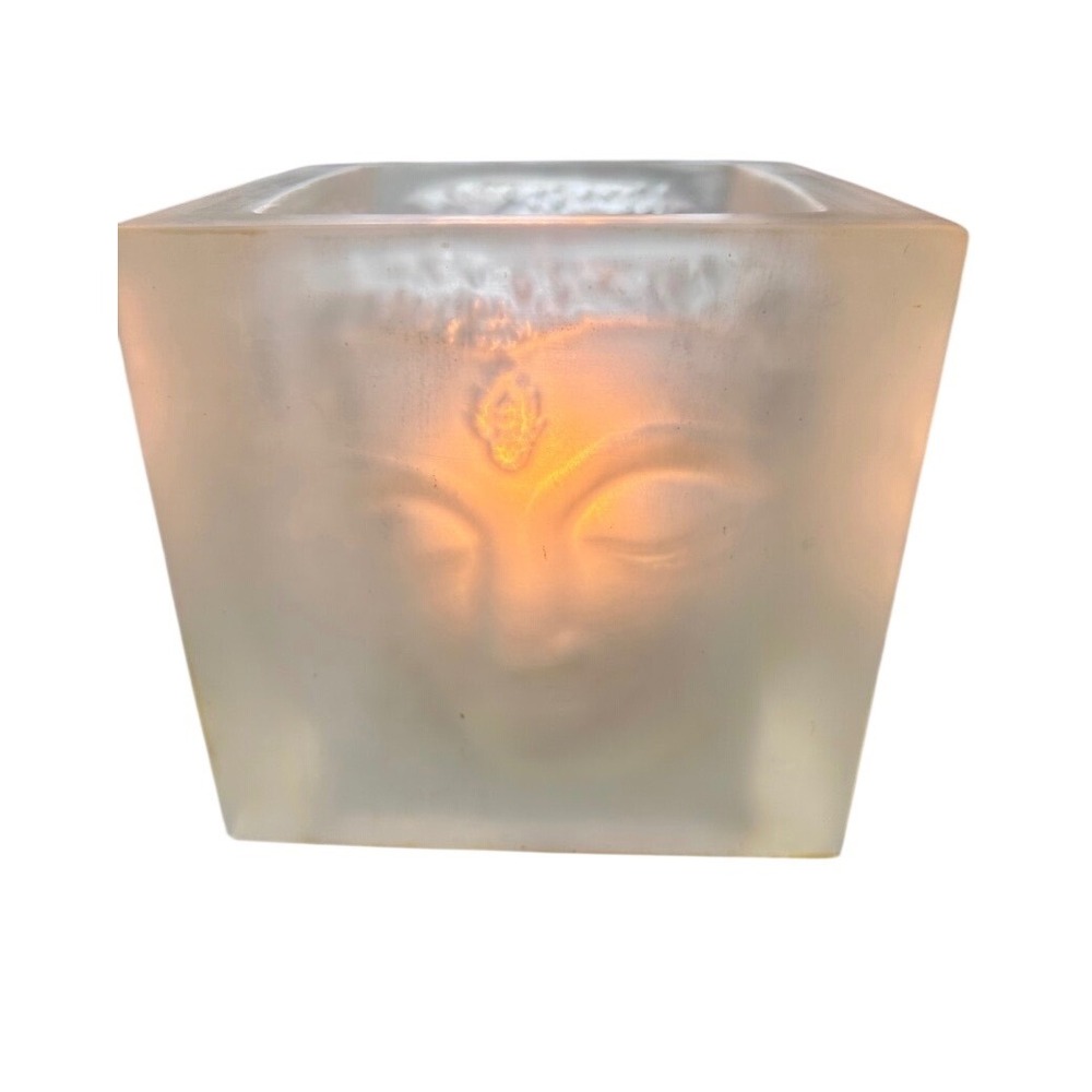 Frosted‎ Glass Buddha Head Cube Candle Holder Zen Decor Square Votive 5"